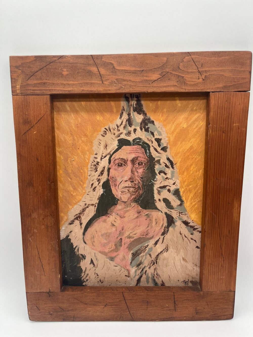 Vintage 1970s Native American Rustic Wooden Framed Portrait Art Painting